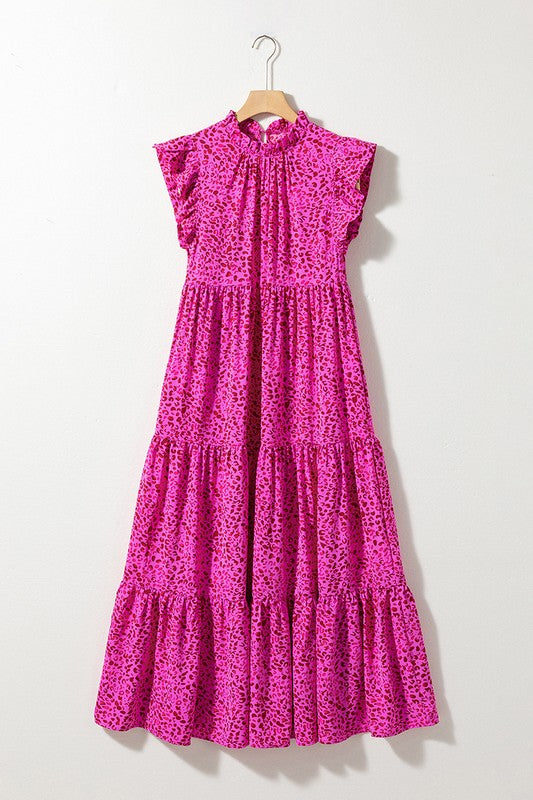 Women Leopard Print Ruffled Trim Tiered Maxi Dress Pink by YNIQUE | Fleurcouture