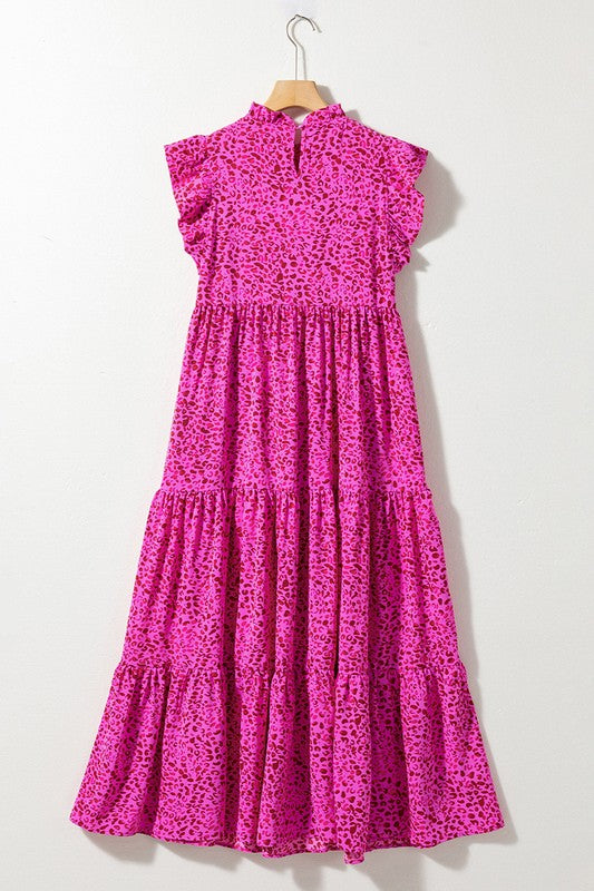 Women Leopard Print Ruffled Trim Tiered Maxi Dress Pink by YNIQUE | Fleurcouture