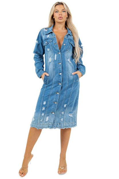 WOMEN LONG DENIM JACKET BLUE by By Claude | Fleurcouture