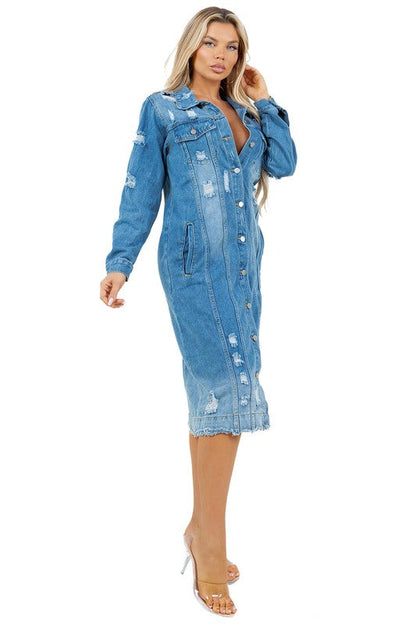 WOMEN LONG DENIM JACKET BLUE by By Claude | Fleurcouture