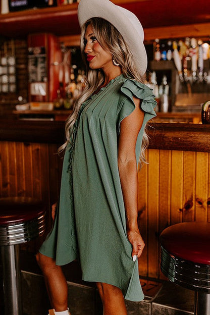 Women Ruffle Sleeve V Neck Frilled Shift Dress Green by YNIQUE | Fleurcouture