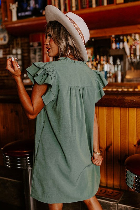 Women Ruffle Sleeve V Neck Frilled Shift Dress Green by YNIQUE | Fleurcouture