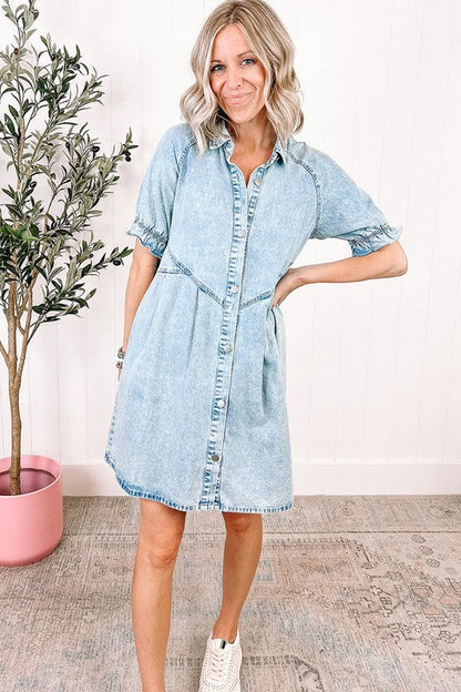 Women Ruffled Short Sleeve Buttoned Denim Dress Blue S by YNIQUE | Fleurcouture