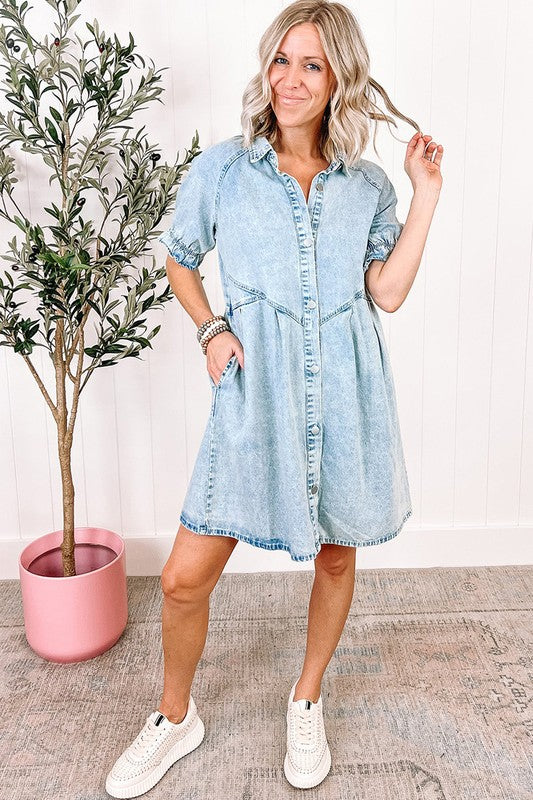 Women Ruffled Short Sleeve Buttoned Denim Dress Blue by YNIQUE | Fleurcouture