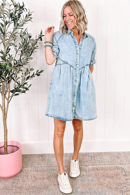 Women Ruffled Short Sleeve Buttoned Denim Dress Blue by YNIQUE | Fleurcouture