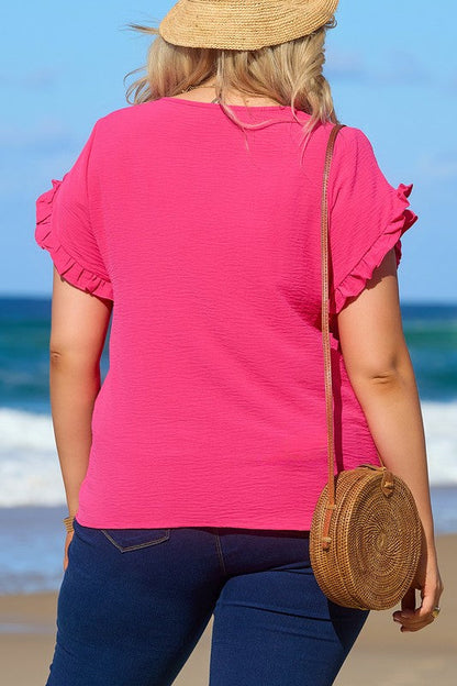 Women Ruffled Short Sleeve Plus Size Top Pink by YNIQUE | Fleurcouture