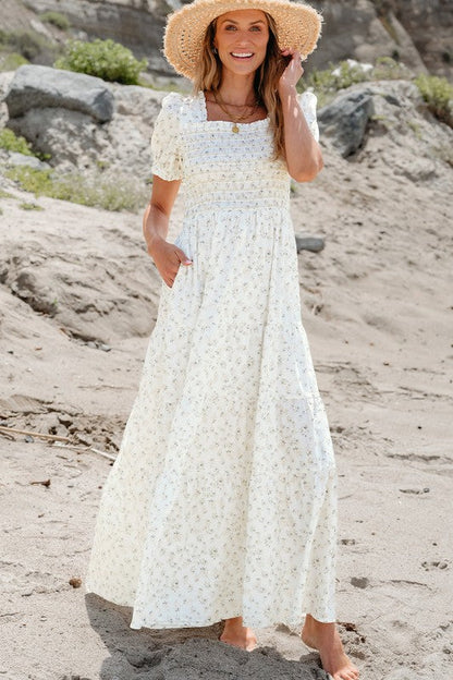 Women Shirred Bodice Tiered Floral Maxi Dress White S by YNIQUE | Fleurcouture