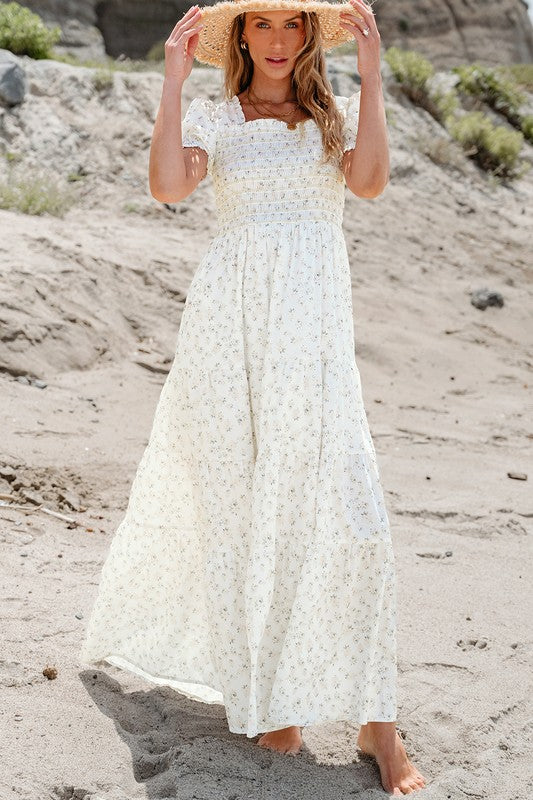 Women Shirred Bodice Tiered Floral Maxi Dress White by YNIQUE | Fleurcouture