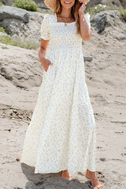 Women Shirred Bodice Tiered Floral Maxi Dress White by YNIQUE | Fleurcouture