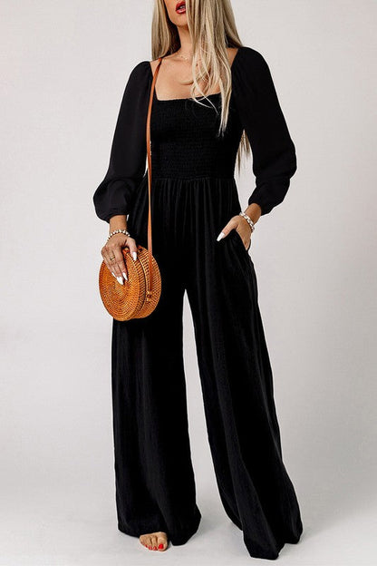 Women Square Neck Long Sleeve Wide Leg Jumpsuit Black S by YNIQUE | Fleurcouture