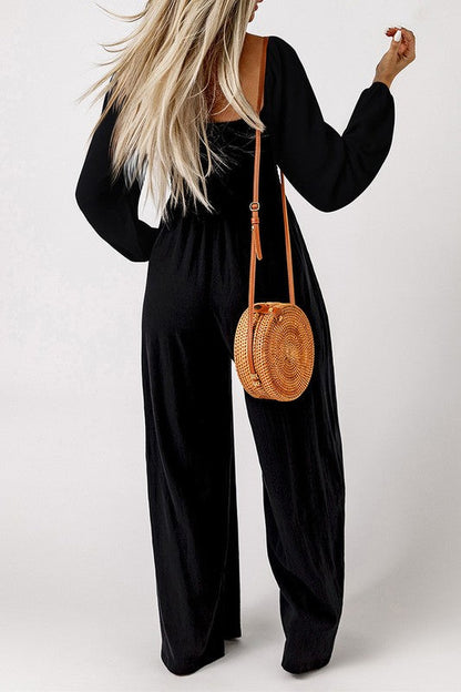 Women Square Neck Long Sleeve Wide Leg Jumpsuit Black by YNIQUE | Fleurcouture