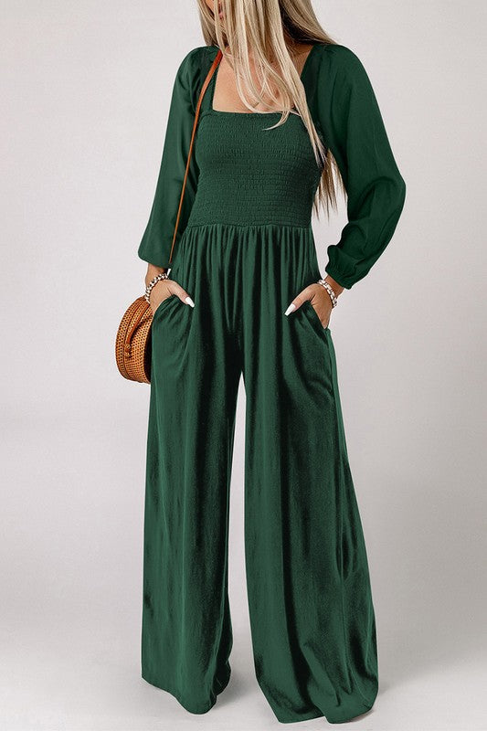 Women Square Neck Long Sleeve Wide Leg Jumpsuit Black by YNIQUE | Fleurcouture