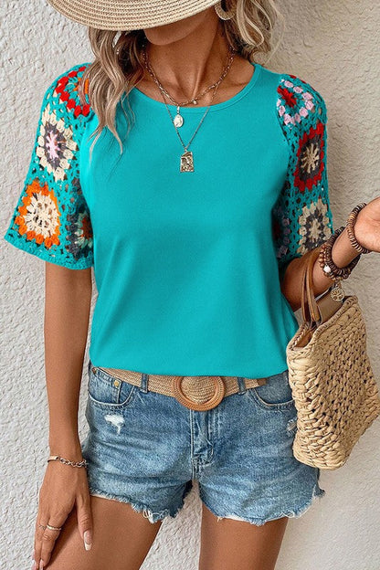 Women Turquoise Floral Crochet Short Sleeve Top White by YNIQUE | Fleurcouture