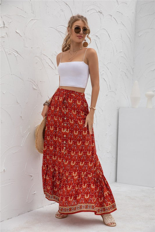 Womens Print Maxi Skirt RED S by Annva USA | Fleurcouture