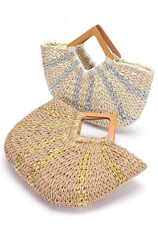 Wooden Handle Metallic Straw Basket Tote O/S by Artini Accessories | Fleurcouture