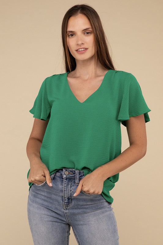 Woven Airflow Flutter Sleeve Top by ZENANA | Fleurcouture