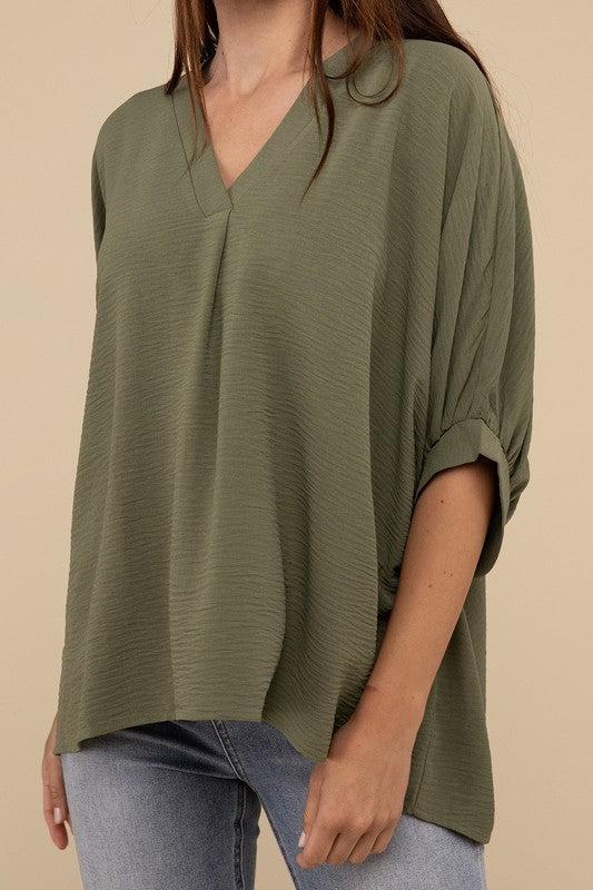 Woven Airflow V-Neck Puff Half Sleeve Top LT OLIVE S/M by ZENANA | Fleurcouture