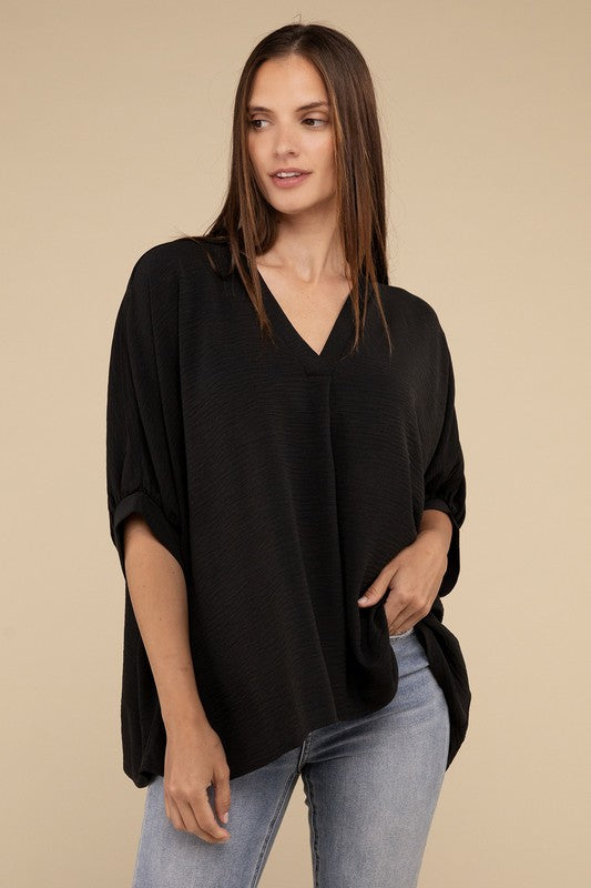 Woven Airflow V-Neck Puff Half Sleeve Top by ZENANA | Fleurcouture