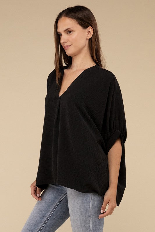 Woven Airflow V-Neck Puff Half Sleeve Top by ZENANA | Fleurcouture