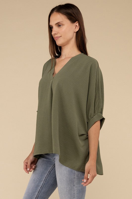 Woven Airflow V-Neck Puff Half Sleeve Top by ZENANA | Fleurcouture