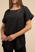 Woven Heavy Dobby Rolled Sleeve Boat Neck Top BLACK S by ZENANA | Fleurcouture