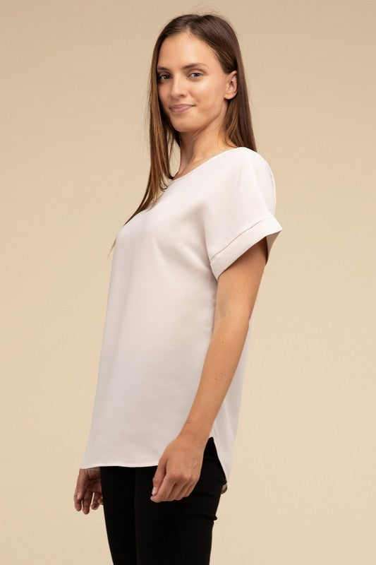 Woven Heavy Dobby Rolled Sleeve Boat Neck Top by ZENANA | Fleurcouture