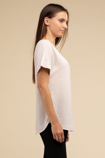 Woven Heavy Dobby Rolled Sleeve Boat Neck Top by ZENANA | Fleurcouture