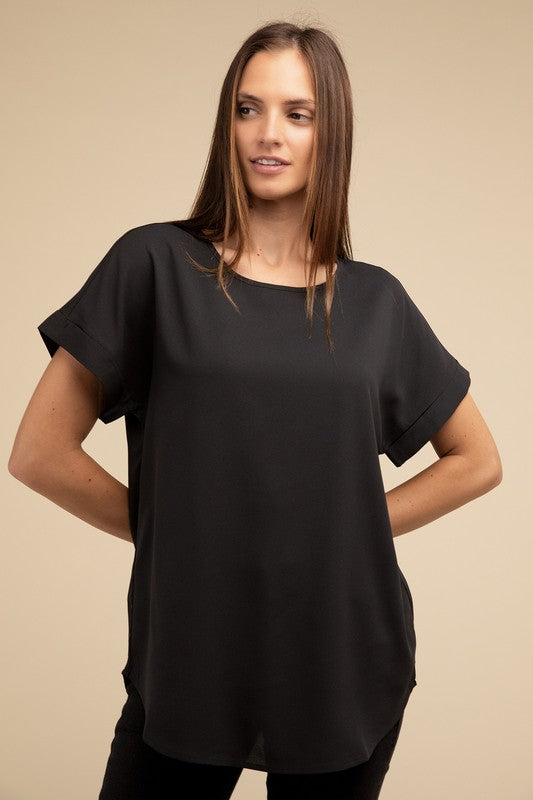 Woven Heavy Dobby Rolled Sleeve Boat Neck Top by ZENANA | Fleurcouture