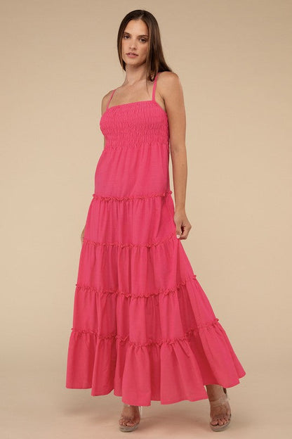 Woven Smocked Top Tiered Cami Maxi Dress FUCHSIA S by ZENANA | Fleurcouture