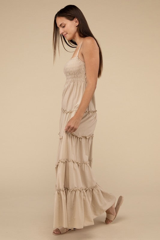 Woven Smocked Top Tiered Cami Maxi Dress by ZENANA | Fleurcouture