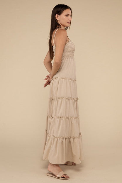 Woven Smocked Top Tiered Cami Maxi Dress by ZENANA | Fleurcouture