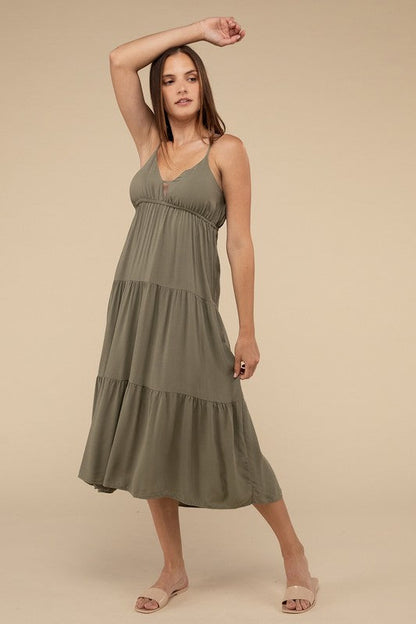 Woven Sweetheart Neckline Tiered Cami Midi Dress LT OLIVE S by ZENANA | Fleurcouture