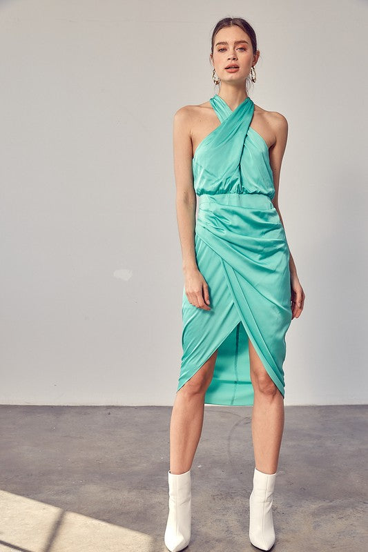 Wrap Cross Neck Dress BISCAY GREEN by Do + Be Collection | Fleurcouture