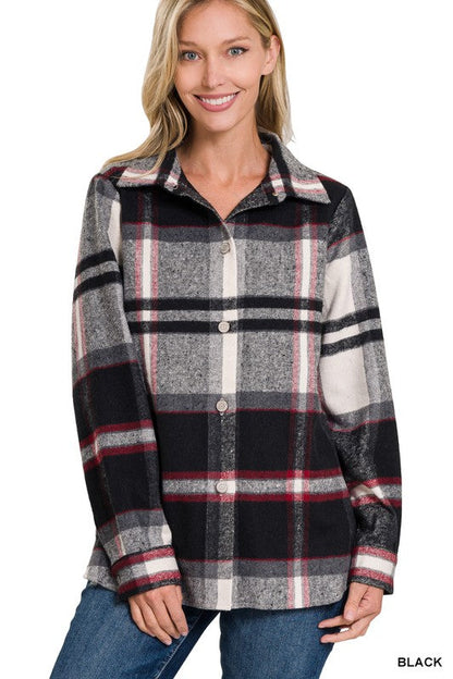 Yarn Dyed Plaid Shacket BLACK S by ZENANA | Fleurcouture