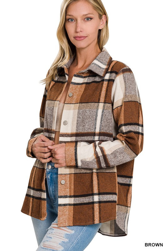 Yarn Dyed Plaid Shacket BROWN S by ZENANA | Fleurcouture