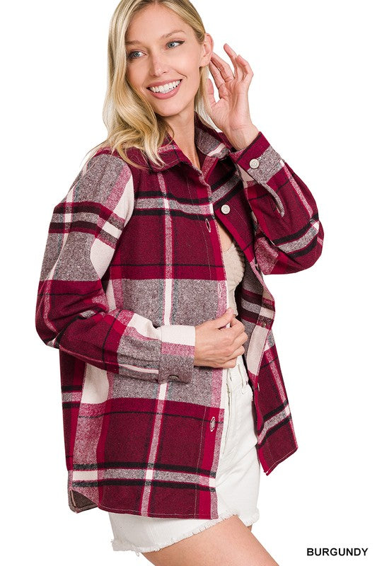 Yarn Dyed Plaid Shacket BURGUNDY S by ZENANA | Fleurcouture