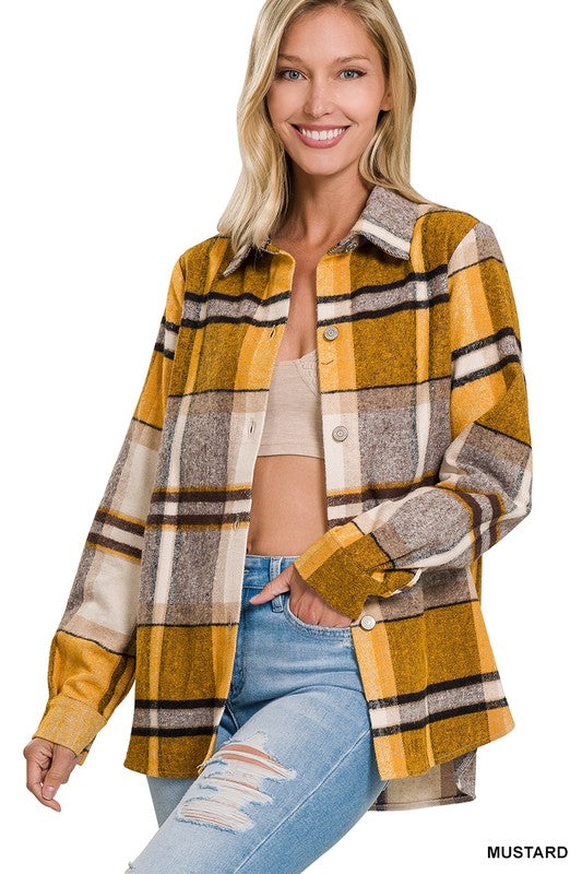 Yarn Dyed Plaid Shacket MUSTARD S by ZENANA | Fleurcouture