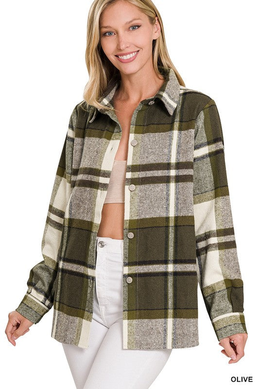 Yarn Dyed Plaid Shacket OLIVE L by ZENANA | Fleurcouture