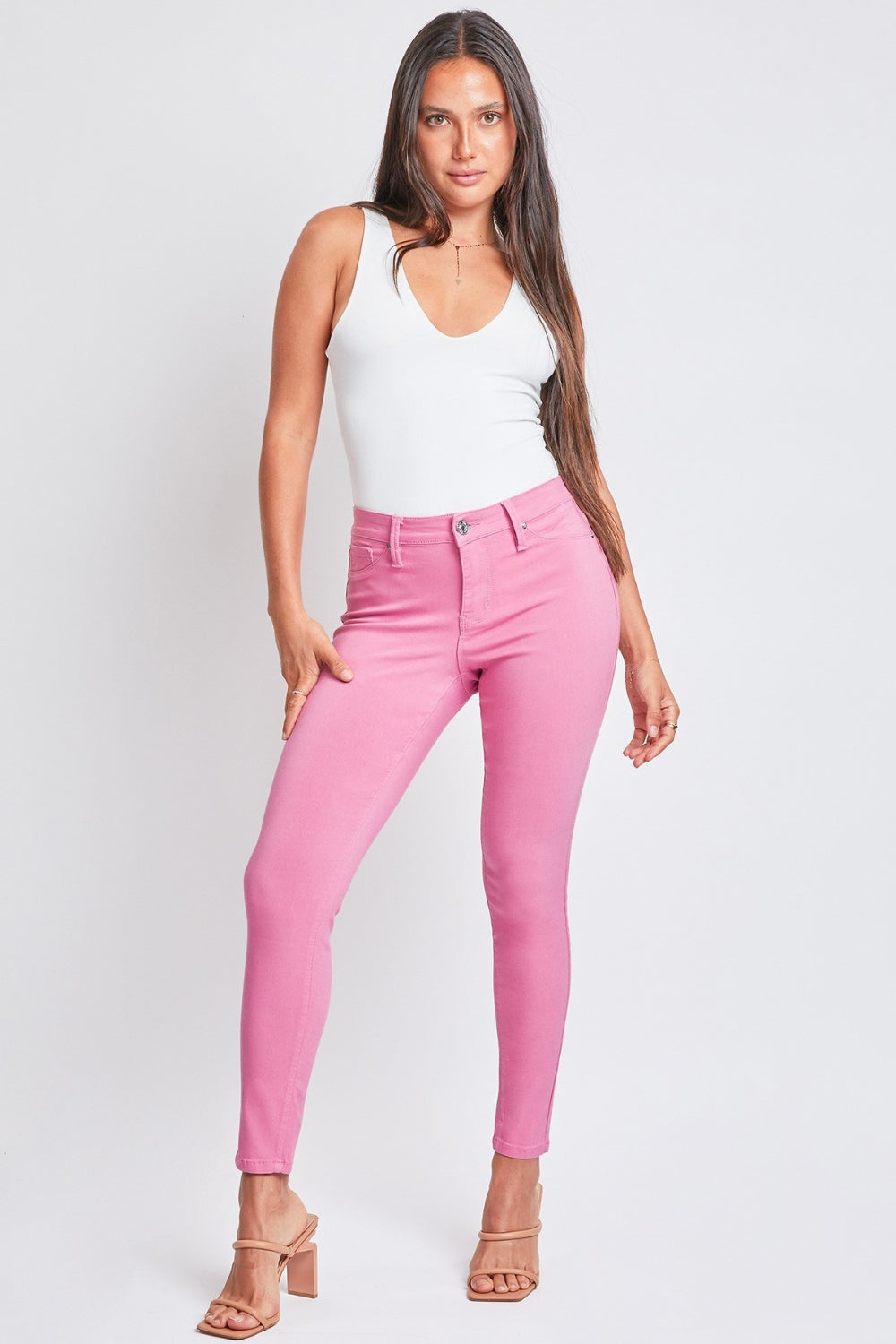 YMI Jeanswear Full Size Hyperstretch Mid-Rise Skinny Pants Flami-Flamingo S Women&