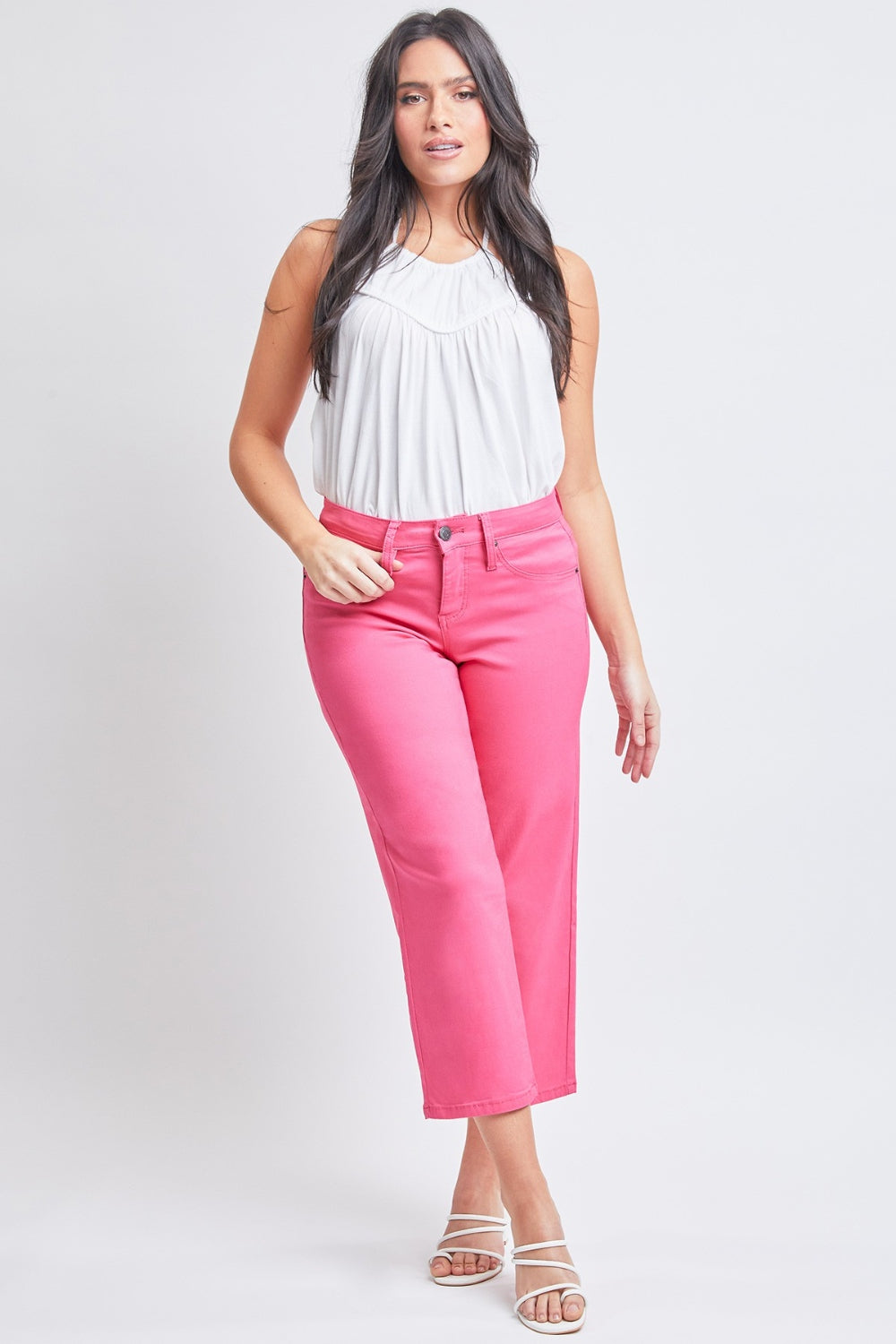 YMI Jeanswear Full Size Mid-Rise Hyperstretch Cropped Straight Pants FieryCoral S Women&