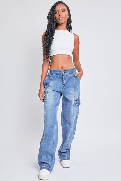 YMI Jeanswear High-Rise Straight Cargo Jeans Vintage Medium Wash Jeans by Trendsi | Fleurcouture