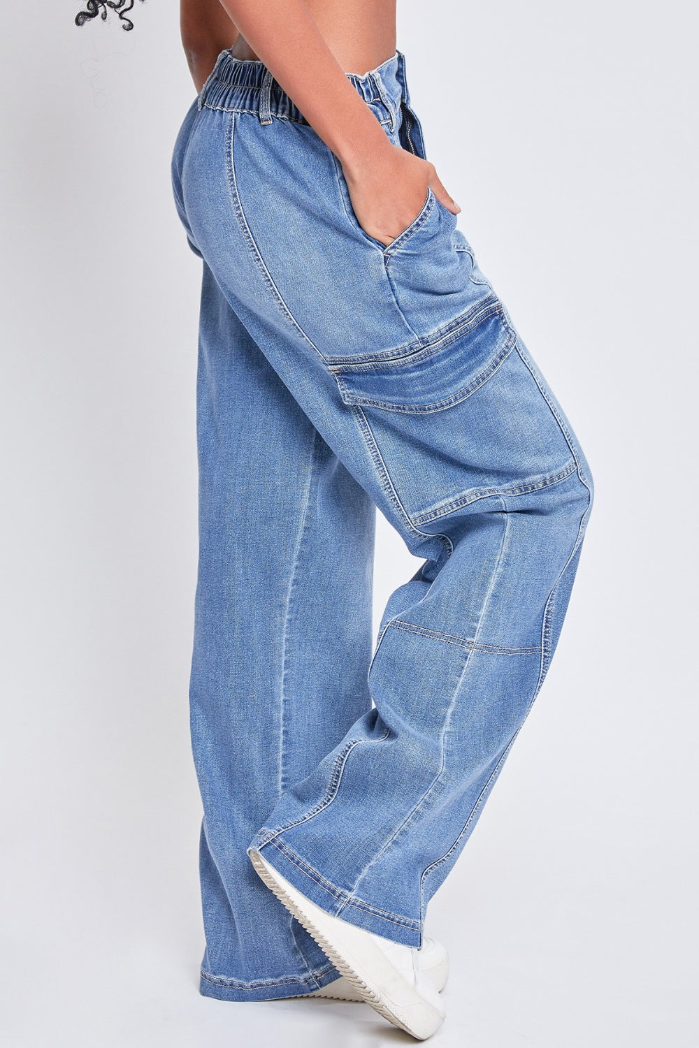 YMI Jeanswear High-Rise Straight Cargo Jeans Vintage Medium Wash Jeans by Trendsi | Fleurcouture