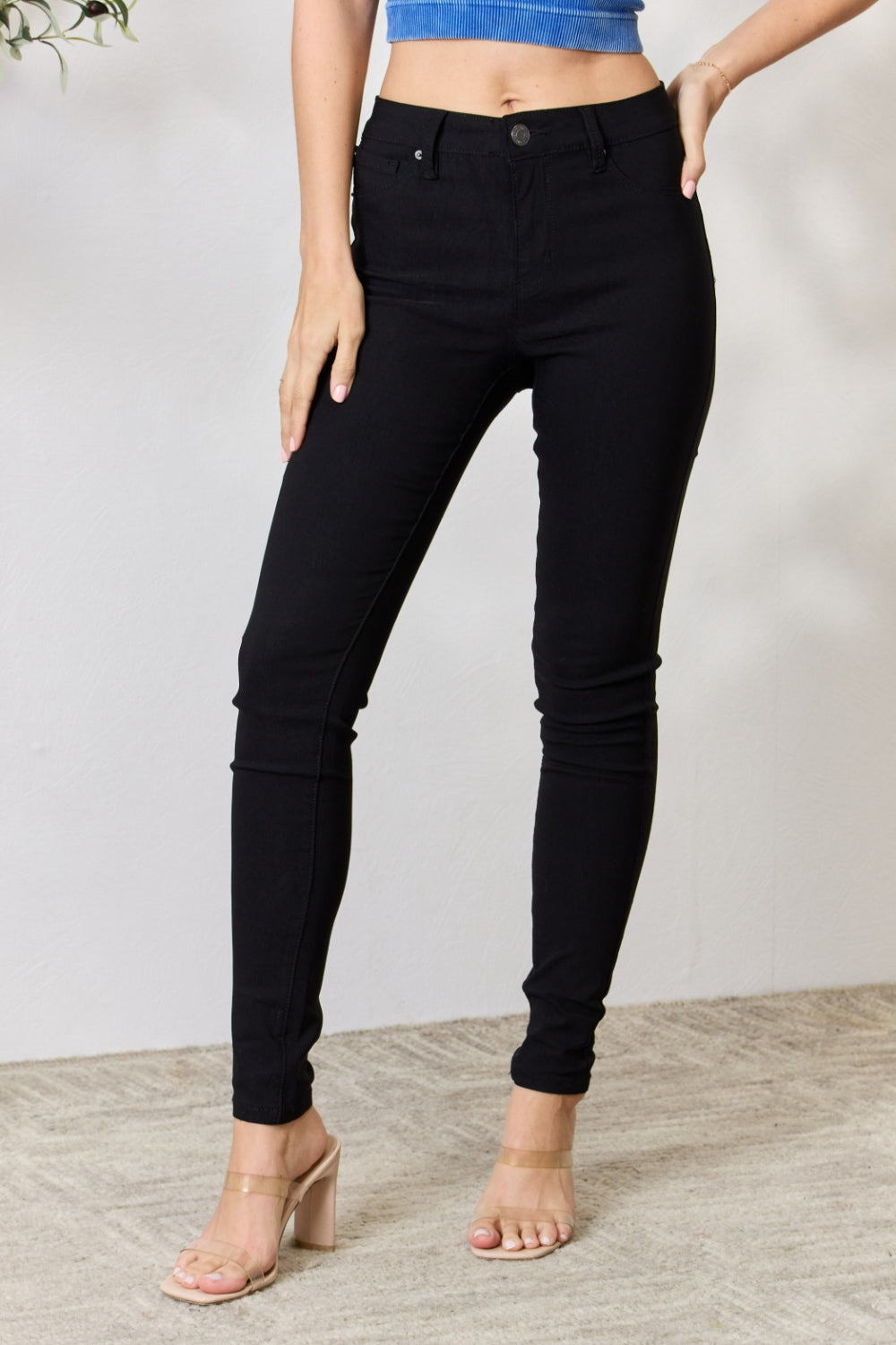 YMI Jeanswear Hyperstretch Mid-Rise Skinny Jeans Black S by Trendsi | Fleurcouture