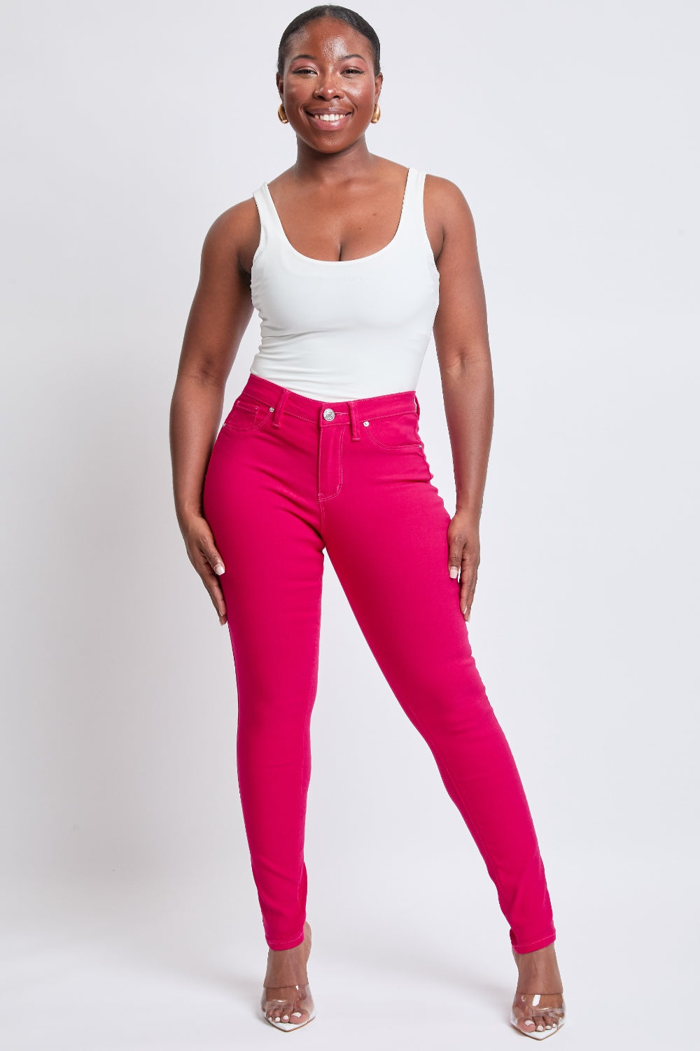 YMI Jeanswear Hyperstretch Mid-Rise Skinny Jeans Neon Pink S Women&