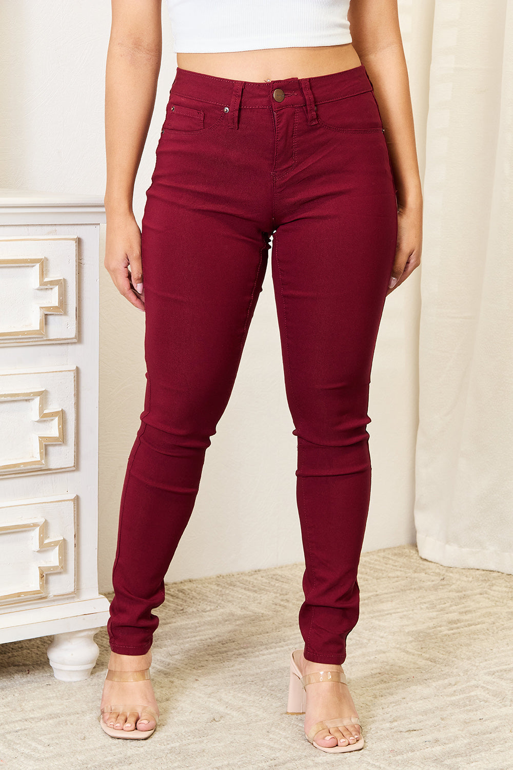 YMI Jeanswear Skinny Jeans with Pockets Burgundy S Women&