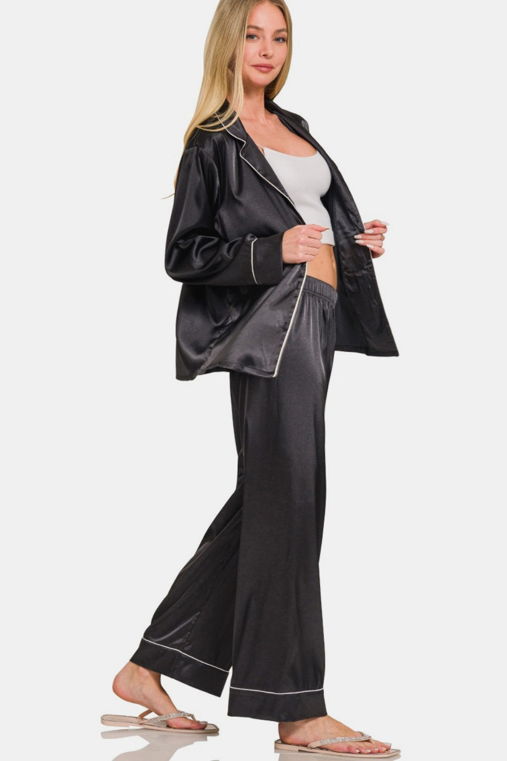 Zenana Satin Long Sleeve Shirt and Pants Pajama Set Black Loungewear by Trendsi | Fleurcouture