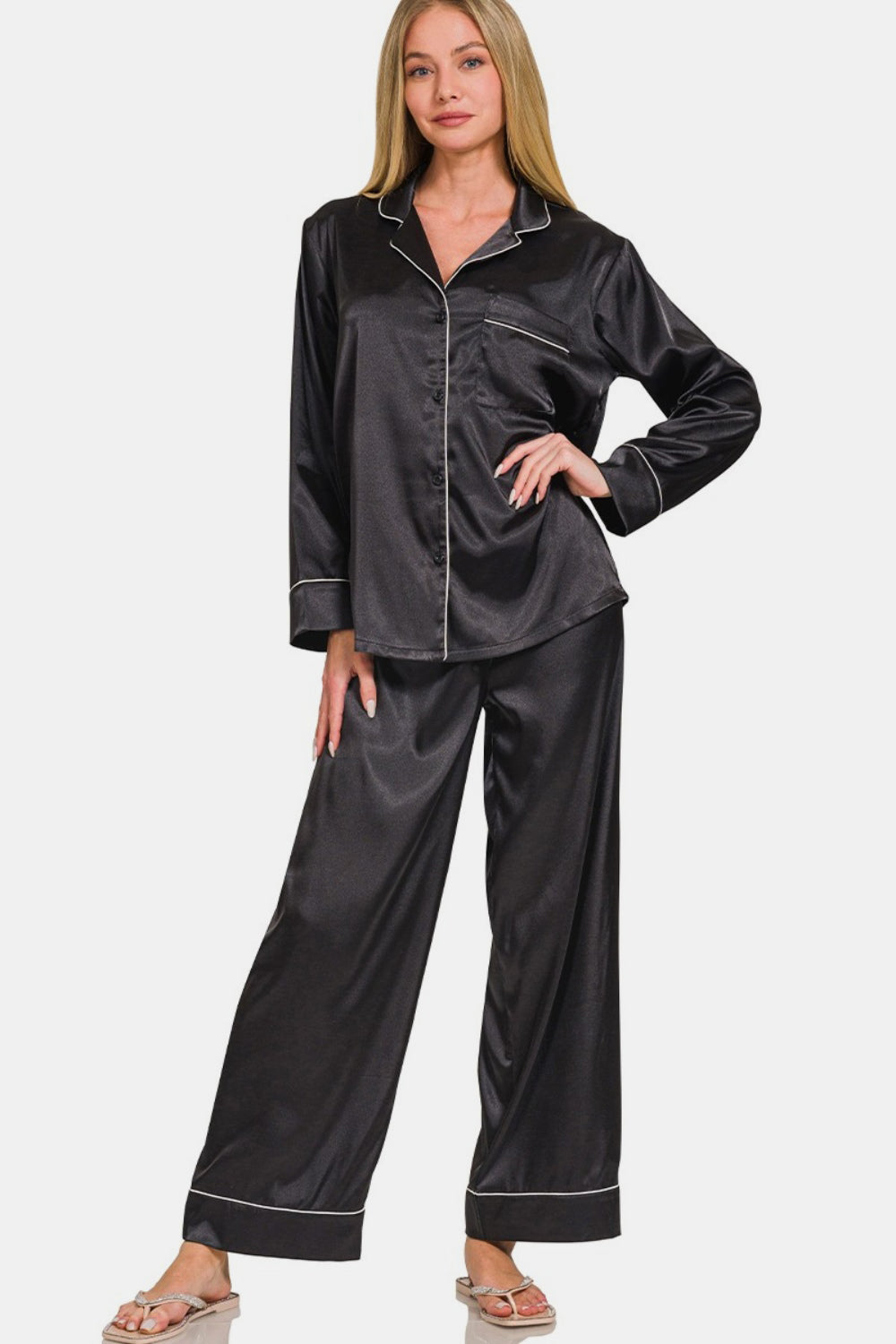 Zenana Satin Long Sleeve Shirt and Pants Pajama Set Black S Loungewear by Trendsi | Fleurcouture