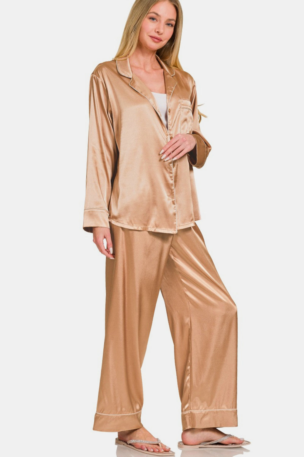 Zenana Satin Long Sleeve Shirt and Pants Pajama Set Brush Loungewear by Trendsi | Fleurcouture