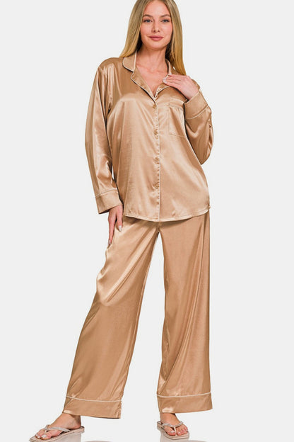 Zenana Satin Long Sleeve Shirt and Pants Pajama Set Brush S Loungewear by Trendsi | Fleurcouture