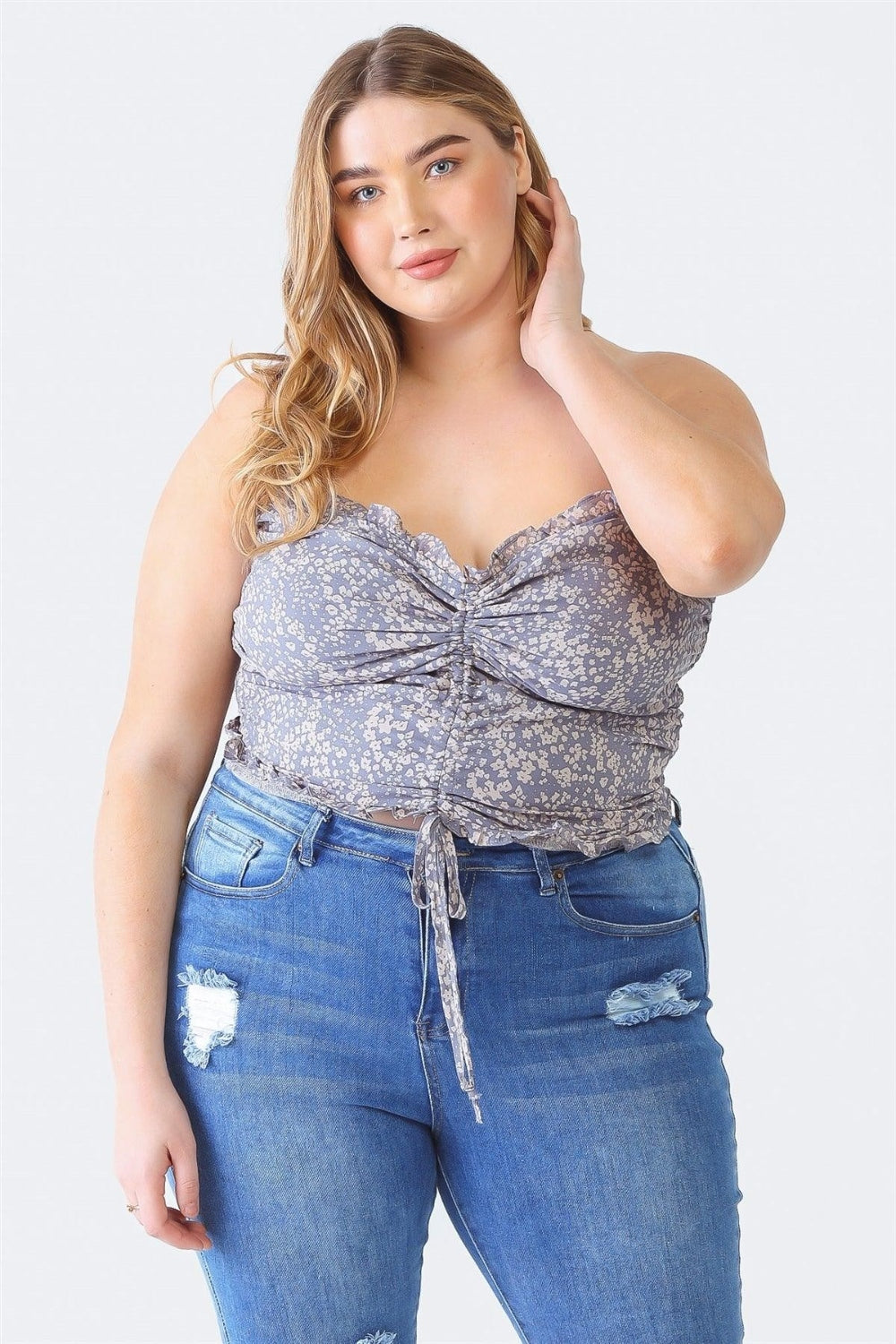 Zenobia Plus Size Drawstring Smocked Floral Tube Top Denim Blue 1XL Plus Size by Trendsi | Fleurcouture